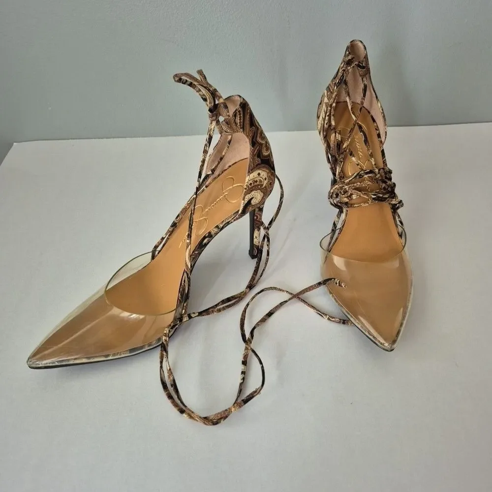 Jessica Simpson Brown Black Paisley Hemmie Wrap Around Calf High Heels Womens 6M